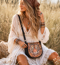Load image into Gallery viewer, Tiger Spirit Hand Painted &amp; Hand Tooled Leather Crossbody Boho Bag