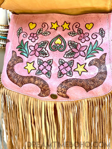 Hand Painted Love Story Fringed Leather Boho Bag-Boho Fringe Bag-Dreamtime Boho -Pink-Dreamtime Boho
