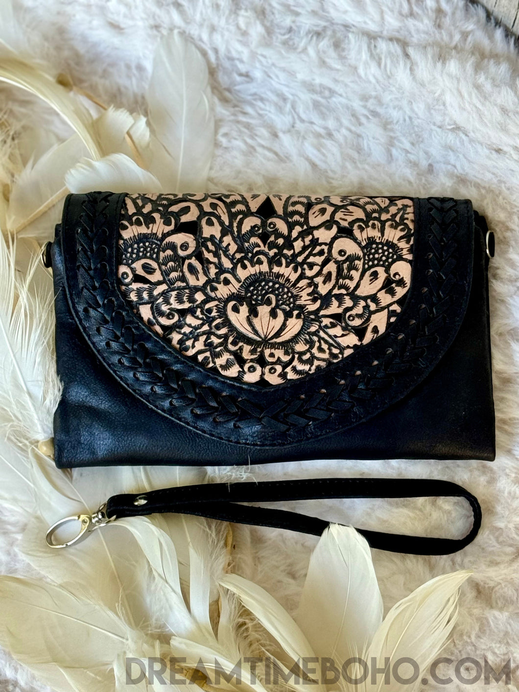 Tooled Leather Boho Wallet Purse Clutch-Leather Wallet-Dreamtime Boho-Black-Dreamtime Boho