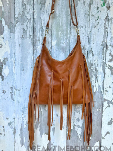 Tan Leather Boho Fringe Crossbody Bag – Handcrafted Bohemian Style-Handbags, Wallets & Cases-Dreamtime Boho -Dreamtime Boho