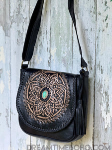 Mandala Leather Crossbody Boho Bag-Handbags, Wallets & Cases-Dreamtime Boho -Black-Dreamtime Boho