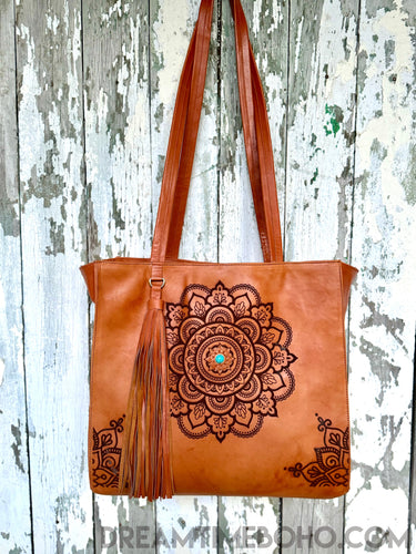 Mandala Leather Tote Shoulder Bag-Leather Shoulder Bag-Dreamtime Boho-Dreamtime Boho