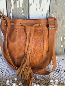 Hand Tooled Leather Crossbody Mandala Floral Handbag-Apparel & Accessories-Dreamtime Boho-Tan-Dreamtime Boho