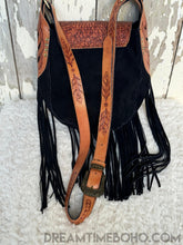 Load image into Gallery viewer, Black Leather Suede Handtooled Fringe Boho Bag - Shakira-Boho Fringe Bag-Dreamtime Boho-Dreamtime Boho