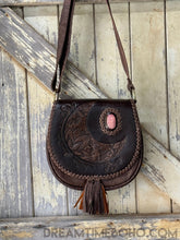 Load image into Gallery viewer, Hand Tooled Crystal Moon Leather Fringe Boho Bag-Leather Boho bag-Dreamtime Boho-No Fringe-Chocolate-Dreamtime Boho