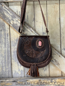 Hand Tooled Crystal Moon Leather Fringe Boho Bag-Leather Boho bag-Dreamtime Boho-No Fringe-Chocolate-Dreamtime Boho