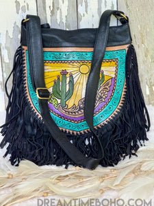 Cactus Desert Sun Leather Crossbody Fringe Boho Bag-Crossbody Bag-Dreamtime Boho -Dreamtime Boho
