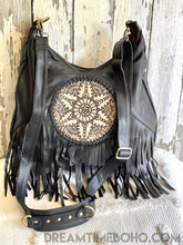 Load image into Gallery viewer, Leather Convertible Mandala Backpack/crossbody Fringed Boho Bag-Boho Handbags-Dreamtime Boho-Black-Dreamtime Boho