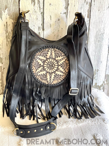 Leather Convertible Mandala Backpack/crossbody Fringed Boho Bag-Boho Handbags-Dreamtime Boho-Black-Dreamtime Boho