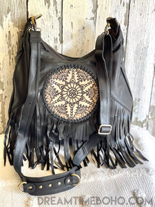 Convertible Mandala Backpack/crossbody Fringed Leather Boho Bag-Boho Handbags-Dreamtime Boho-Black-Dreamtime Boho