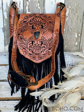 Load image into Gallery viewer, Black Leather Suede Handtooled Fringe Boho Bag - Siroura-Boho Fringe Bag-Dreamtime Boho-Dreamtime Boho