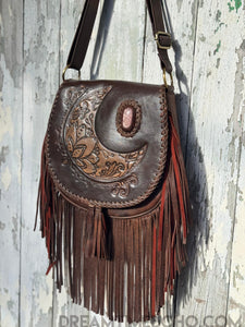 Crystal Moon Leather Fringe Boho Bag – Antique Brown-Handbags, Wallets & Cases-Dreamtime Boho-Antique Brown-Dreamtime Boho