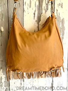 Leather Convertible Mandala Backpack/crossbody Fringed Boho Bag-Boho Handbags-Dreamtime Boho-Tan-Dreamtime Boho