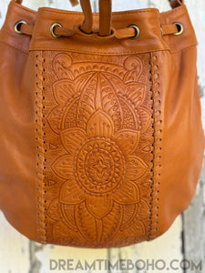 Hand Tooled Leather Crossbody Mandala Floral Handbag-Apparel & Accessories-Dreamtime Boho-Black-Dreamtime Boho