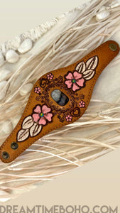 Hand Painted Leather Cuff with Gemstone Centrepiece-Apparel & Accessories-Dreamtime Boho-Pink-Dreamtime Boho