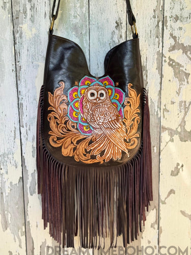 Hand Tooled Fringe Leather Mandala Owl Boho Bag – Dark Chocolate-Apparel & Accessories-Dreamtime Boho -Dreamtime Boho