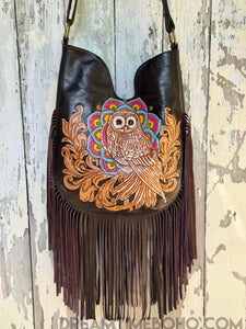 Hand Tooled Fringe Leather Mandala Owl Boho Bag – Dark Chocolate-Apparel & Accessories-Dreamtime Boho -Dreamtime Boho