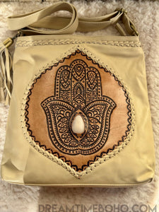 Hamsa Hand Tooled Leather Crossbody Boho Bag-Handbags, Wallets & Cases-Dreamtime Boho -Dreamtime Boho