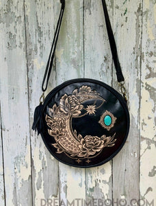 Rustic Moon Hand Tooled Round Leather Boho Bag