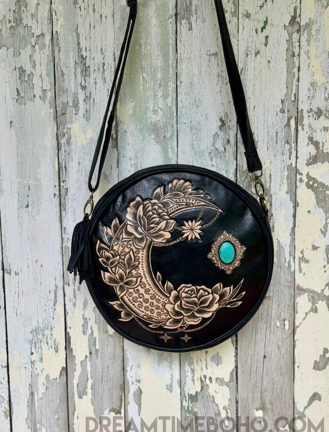 Rustic Moon Hand Tooled Round Leather Boho Bag