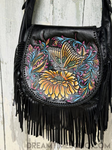 Hand Tooled Butterfly Dream Fringe Leather Boho Bag-Boho Fringe Bag-Dreamtime Boho-Dreamtime Boho