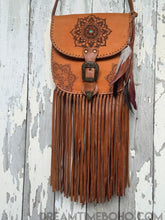 Load image into Gallery viewer, Mandala Leather Crossbody Leather Fringe Bag with Feathers