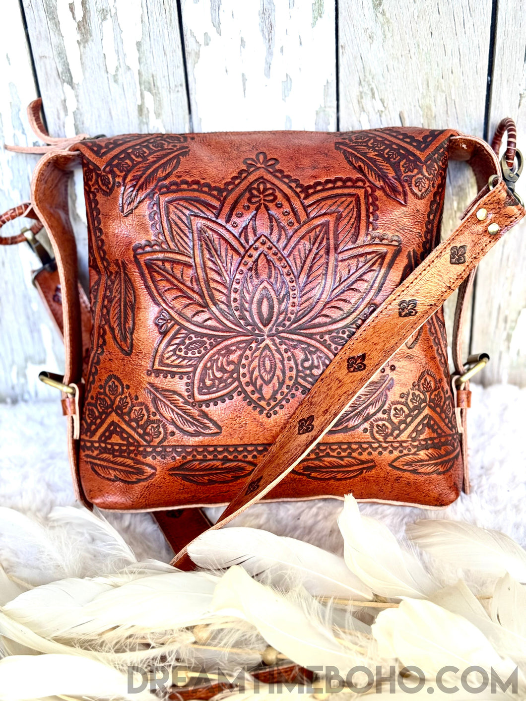 Tooled Leather Lotus Feather Crossbody Boho Bag-Crossbody Bag-Dreamtime Boho-Antique Brown-Dreamtime Boho