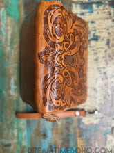 Load image into Gallery viewer, Hand Tooled Genuine Leather Wallet with Wristlet – Boho Style-Handbags, Wallets &amp; Cases-Dreamtime Boho -Dreamtime Boho