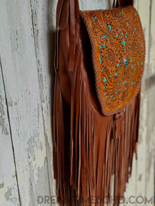 Hand Tooled Gypsy Cove Leather Crossbody Boho Bag-Fringed Bag-Dreamtime Boho-Dreamtime Boho