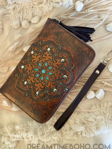 Hand Tooled Leather Mandala Wallet Purse - Antique Brown-Leather Wallet-Dreamtime Boho -Dreamtime Boho