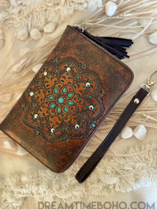 Hand Tooled Leather Mandala Wallet Purse - Antique Brown-Leather Wallet-Dreamtime Boho -Dreamtime Boho