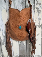 Load image into Gallery viewer, Fringe Crossbody Leather Boho Bag Goddess-Crossbody Bag-Dreamtime Boho-Mocha Turquoise Stone/Half Fringe-Dreamtime Boho