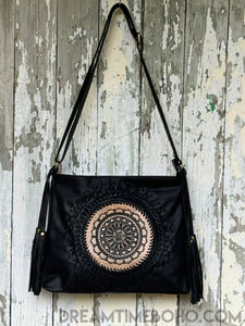 Tooled Leather Crossbody Mandala Boho Bag-Crossbody Bag-Dreamtime Boho-Black-Dreamtime Boho