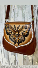 Load image into Gallery viewer, Hand Tooled Moth &amp; Skull Leather Crossbody Bag – Genuine Leather Boho Shoulder Bag-Handbags, Wallets &amp; Cases-Dreamtime Boho -Dreamtime Boho