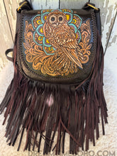 Load image into Gallery viewer, Night Guardian Hand Tooled Owl Leather Fringe Crossbody Bag – Hand Painted Boho Artisan Bag-Handbags, Wallets &amp; Cases-Dreamtime Boho -Dreamtime Boho