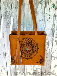 Mandala Leather Tote Shoulder Bag-Leather Shoulder Bag-Dreamtime Boho-Dreamtime Boho