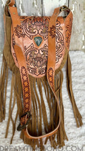 Load image into Gallery viewer, Hand Tooled Suede Leather Fringe Bag with Gemstone - Lucky Soul Bag-Apparel &amp; Accessories-Dreamtime Boho -Dreamtime Boho
