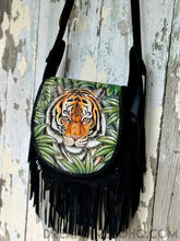 Load image into Gallery viewer, Hand Painted Tiger Fringe Leather Boho Bag-Leather Crossbody Bag-Dreamtime Boho-Dreamtime Boho