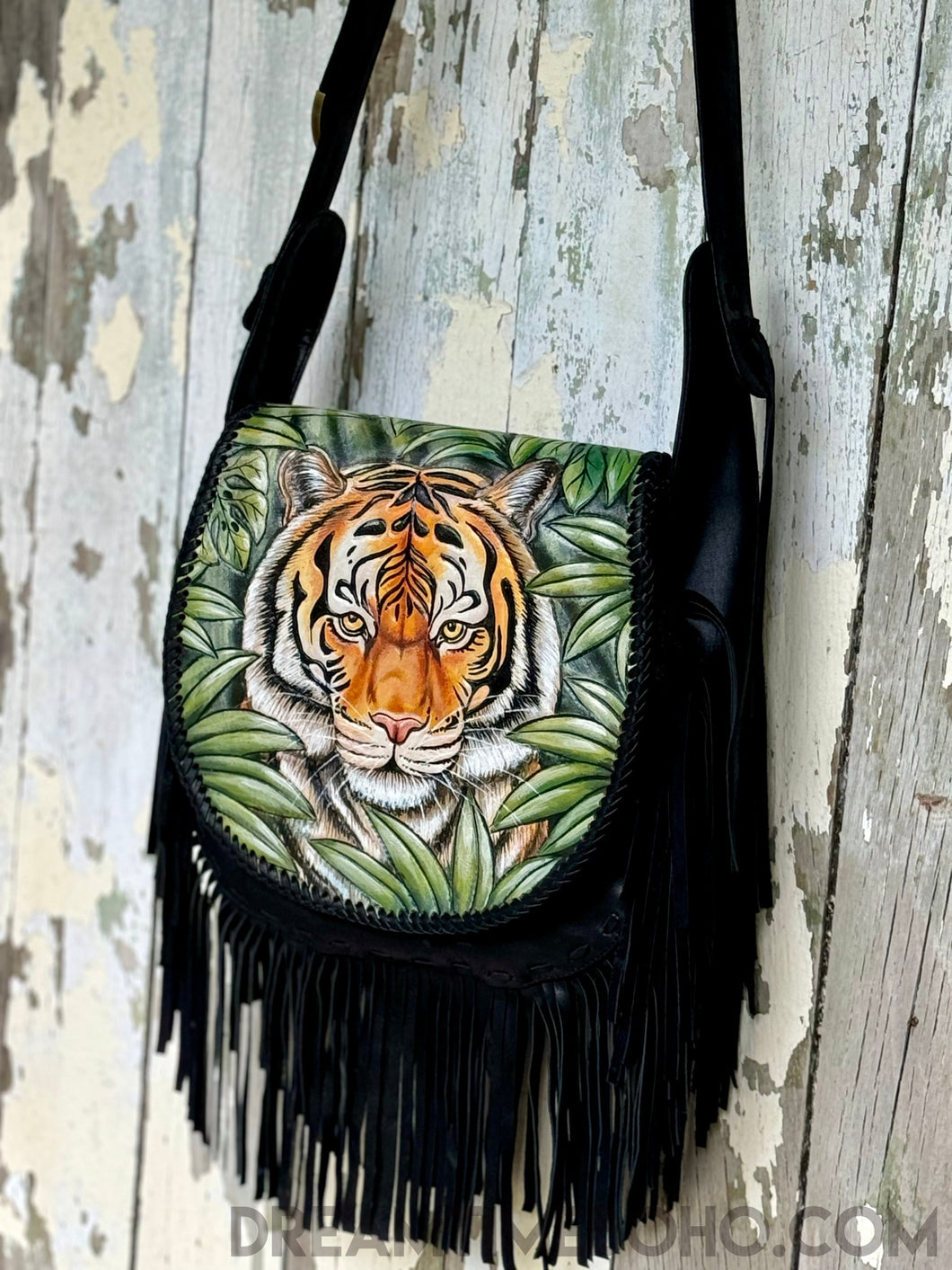 Hand Painted Tiger Fringe Leather Boho Bag-Leather Crossbody Bag-Dreamtime Boho-Dreamtime Boho