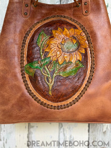 Luxe Handtooled Sunflower Leather Shoulder Tote Bag-Leather Shoulder Bag-Dreamtime Boho-Dreamtime Boho