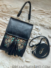 Load image into Gallery viewer, Hand-Tooled Leather Crossbody Wallet with Mandala Design-Apparel &amp; Accessories-Dreamtime Boho -Black-Dreamtime Boho