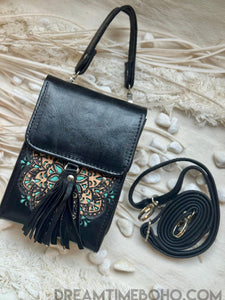 Hand-Tooled Leather Crossbody Wallet with Mandala Design-Apparel & Accessories-Dreamtime Boho -Black-Dreamtime Boho