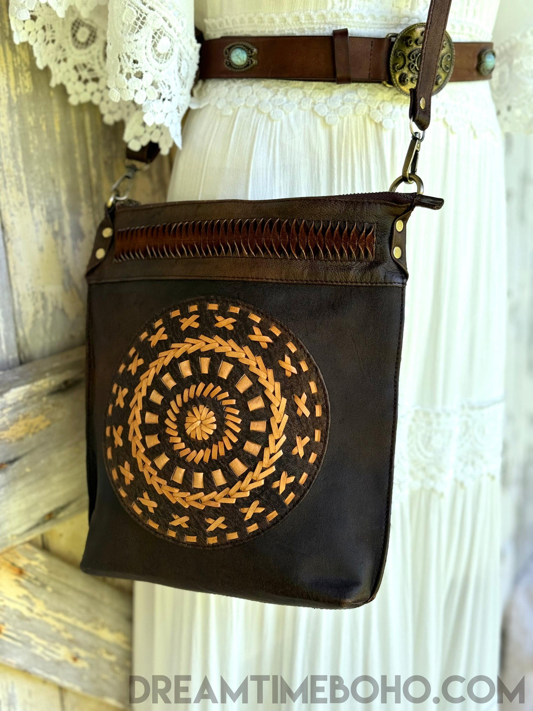 Handcrafted Mandala Leather Crossbody Bag-Crossbody Bag-Dreamtime Boho -Dreamtime Boho