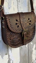Load image into Gallery viewer, Hand Tooled Rustic Rose Leather Crossbody Saddle Bag
