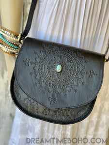Hand Tooled Mandala Crossbody Leather Bag-Handbags-Dreamtime Boho -Plain black-Dreamtime Boho