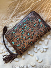 Load image into Gallery viewer, Floral Turquoise Hand Tooled Leather Wallet Purse-Apparel &amp; Accessories-Dreamtime Boho -Dreamtime Boho
