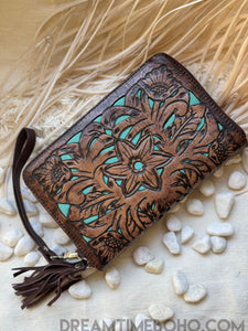 Floral Turquoise Hand Tooled Leather Wallet Purse-Apparel & Accessories-Dreamtime Boho -Dreamtime Boho