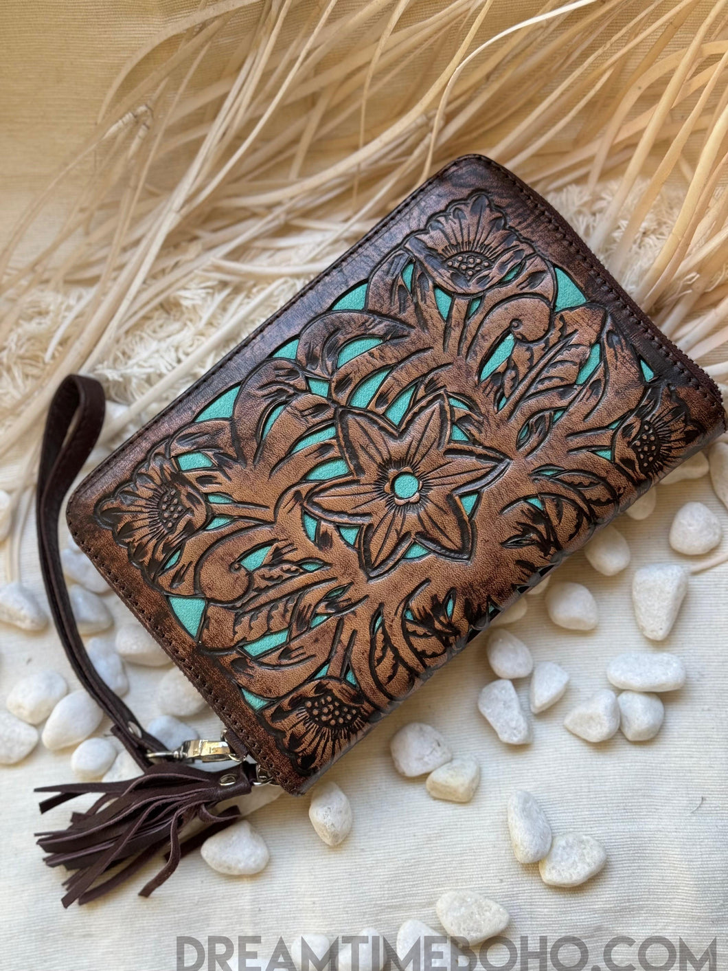 Floral Turquoise Hand Tooled Leather Wallet Purse-Apparel & Accessories-Dreamtime Boho -Dreamtime Boho