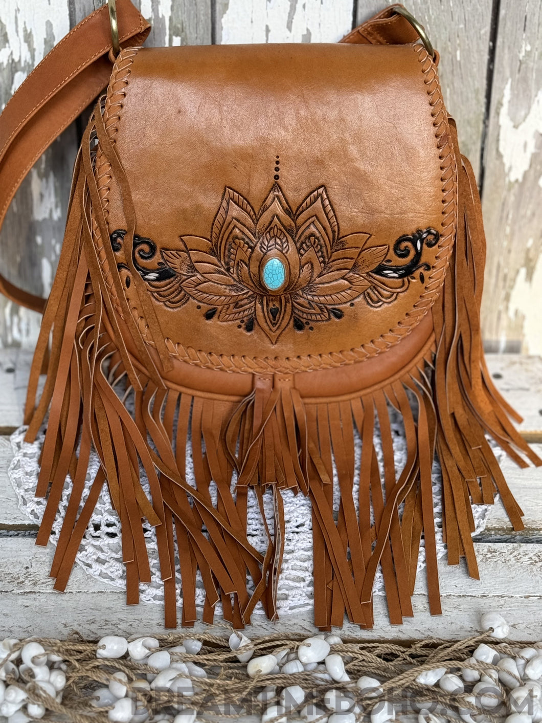 Hand Tooled Lotus Flower Leather Fringed Boho Bag-Boho Fringe Bag-Dreamtime Boho-Dreamtime Boho