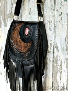 Hand Tooled Crystal Moon Leather Fringe Boho Bag-Leather Boho bag-Dreamtime Boho-Brown-Dreamtime Boho